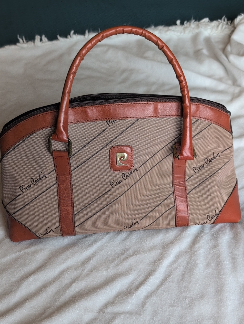 VTG Pierre Cardin Monogram Canvas Satchel Handbag Leather Trim Bowling Bag